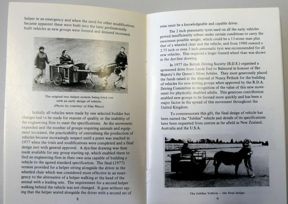 Pamphlet open to show two pages of typed English text from pamphlet by G. L. Pethick entitled 'The Story of Pony and Donkey Driving For The Disabled' (1981) 
