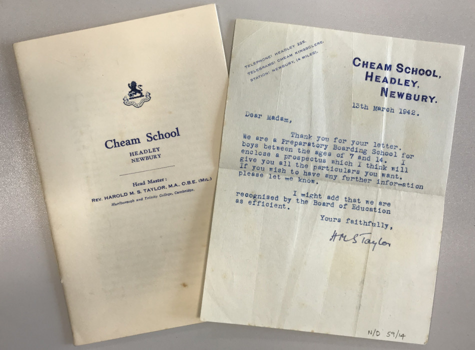 Pamphlet and letter for Cheam School ref. N/D59/4/5/4