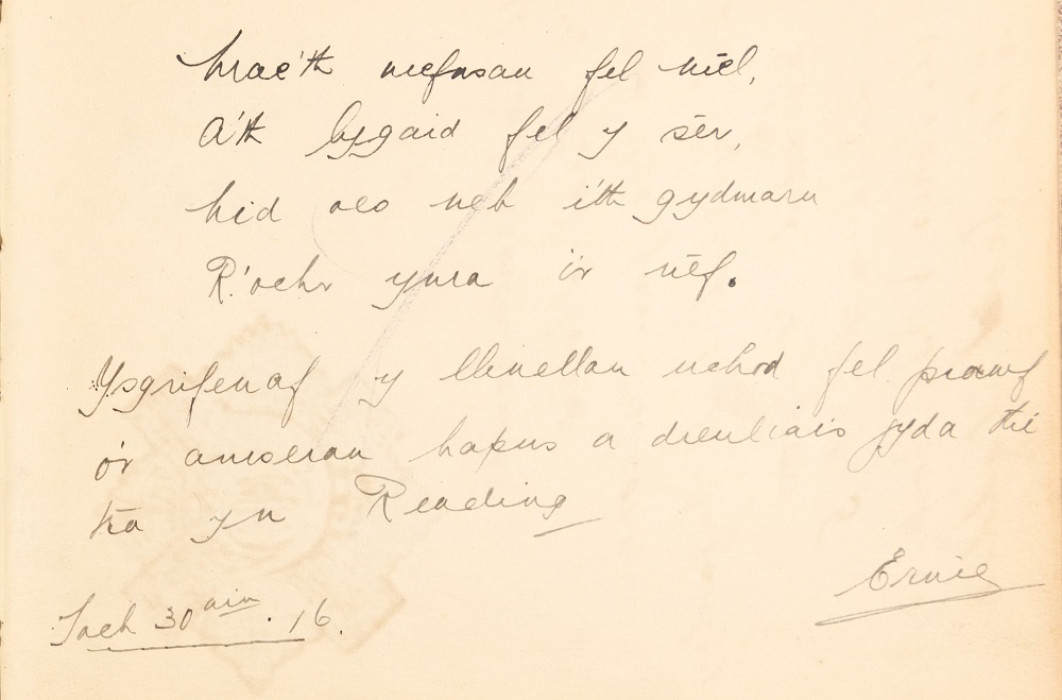 Welsh writing from a page in an album c.1915 ref/ D/EX2912/1