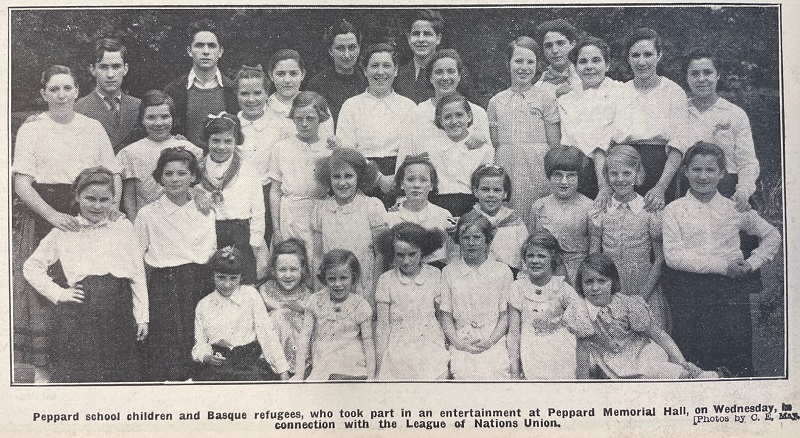 Newspaper cutting showing children of Peppard School and Basque Refugees from Reading Standard 20 May 1938