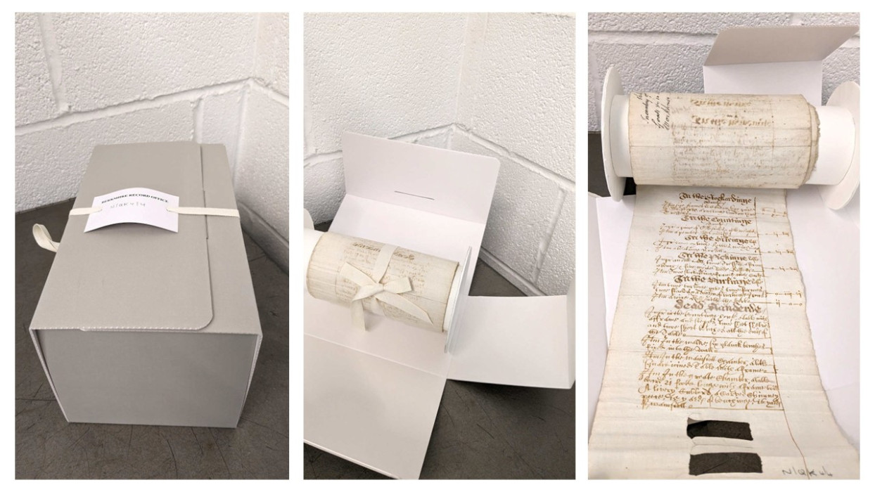 Three images in one showing a closed box, an open box with roll inside and the document partially unrolled ref. N/QK4/4