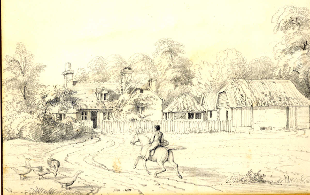 Pencil sketch of person on a horse approaching houses ref D/EX2937