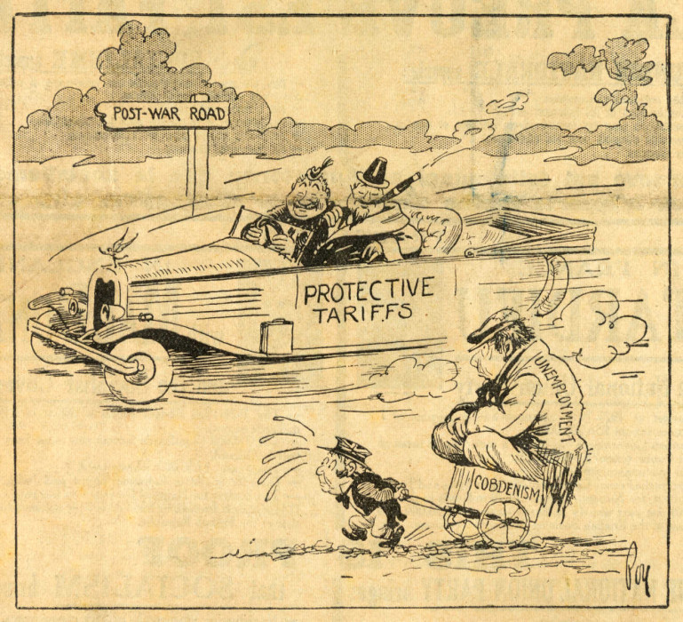 Cartoon drawing showing a car driving past a cart ref. D/EX587/4/3