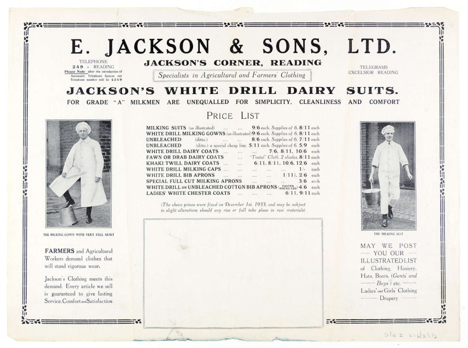 Advert for E. Jackson and Sons Ltd showing White Drill Dairy Suits ref. D/EZ16/2/1/2