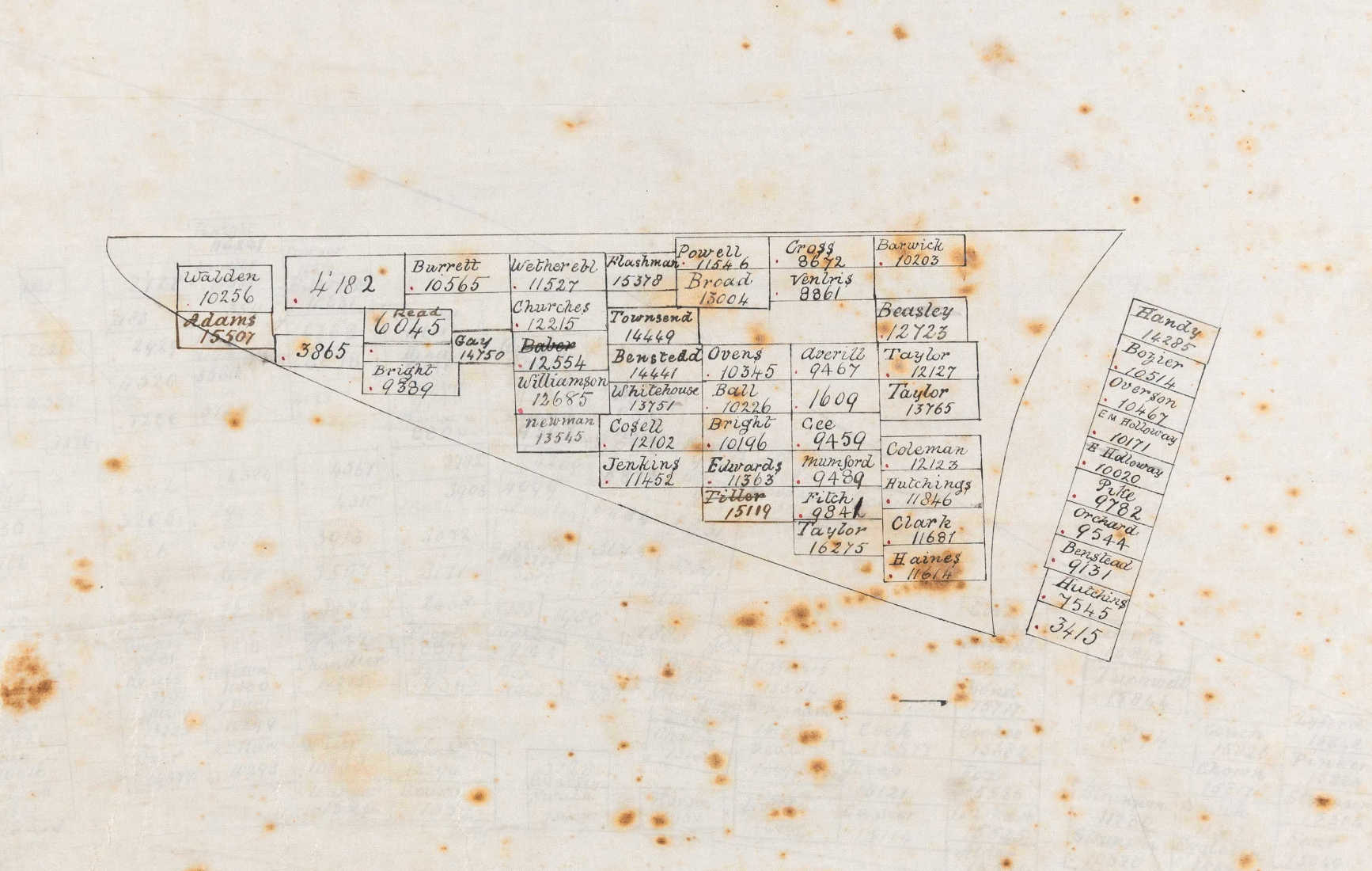 Plan of reading cemetery showing plot with numbers and names.