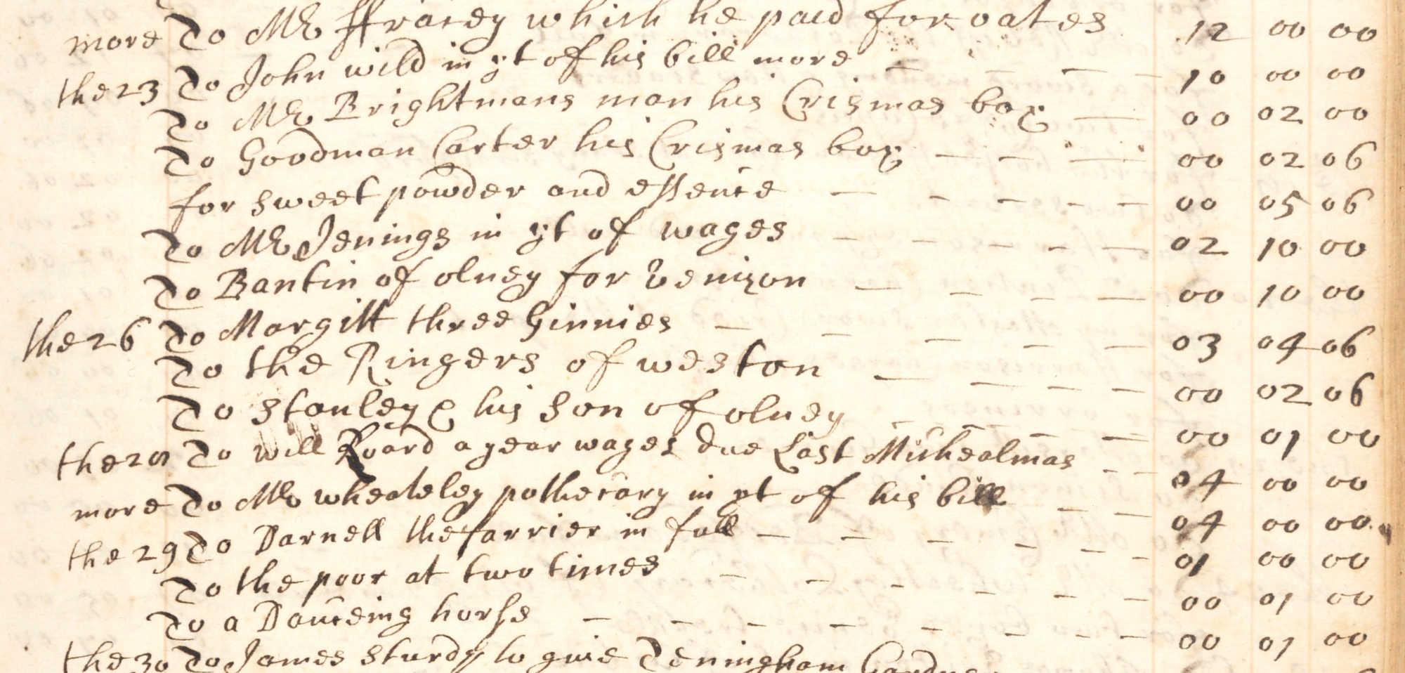 1699 document in handwritten English referring to Christmas boxes and a dancing horse