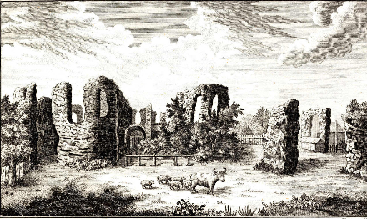 Engraving print of Reading Abbey ruins with animals in foreground