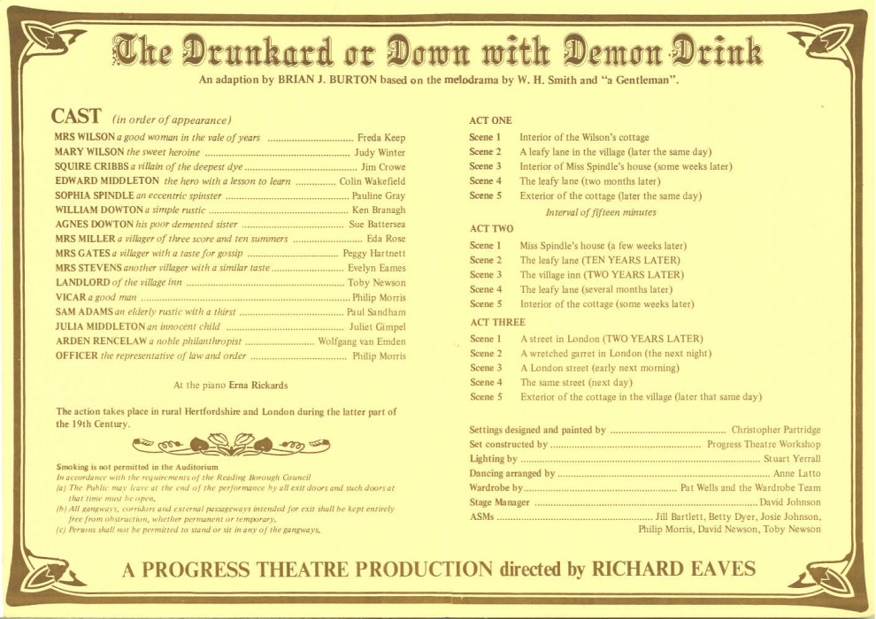 Programme for production of The Drunkard or Down with Demon Drink at Progress Theatre, Reading 1977 providing cast names and acts