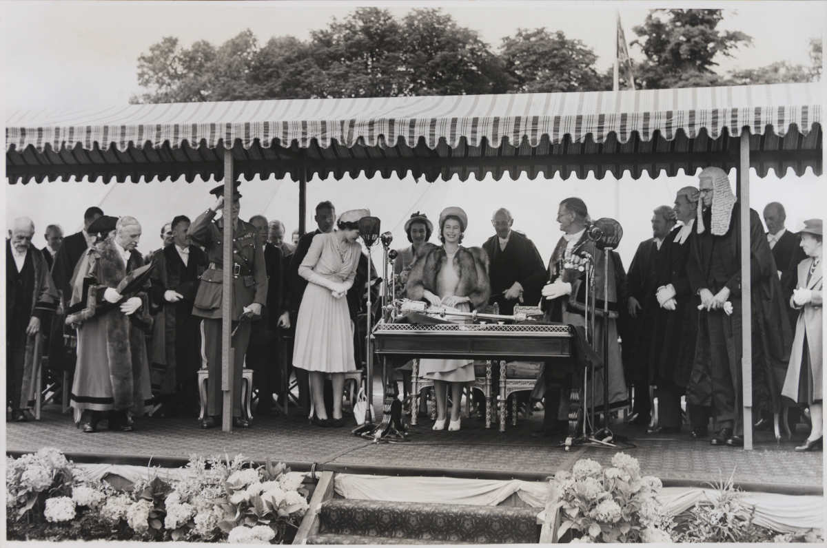 HRH Princess Elizabeth, the Mayor of the Borough of New Windsor and other stand on a platform under a canopy at the presentation of the award of the Freedom of the Borough of New Windsor 5 July 1947 ref. W1/AZ5/1