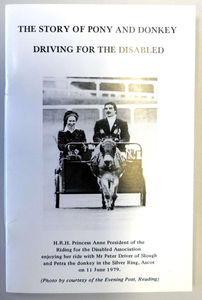 Pamphlet front cover two people sit in a carriage drawn by a donkey. Title reads The Story of Pony and Donkey Driving for the Disabled, Pamphlet by G. L. Pethick entitled 'The Story of Pony and Donkey Driving For The Disabled' (1981) 