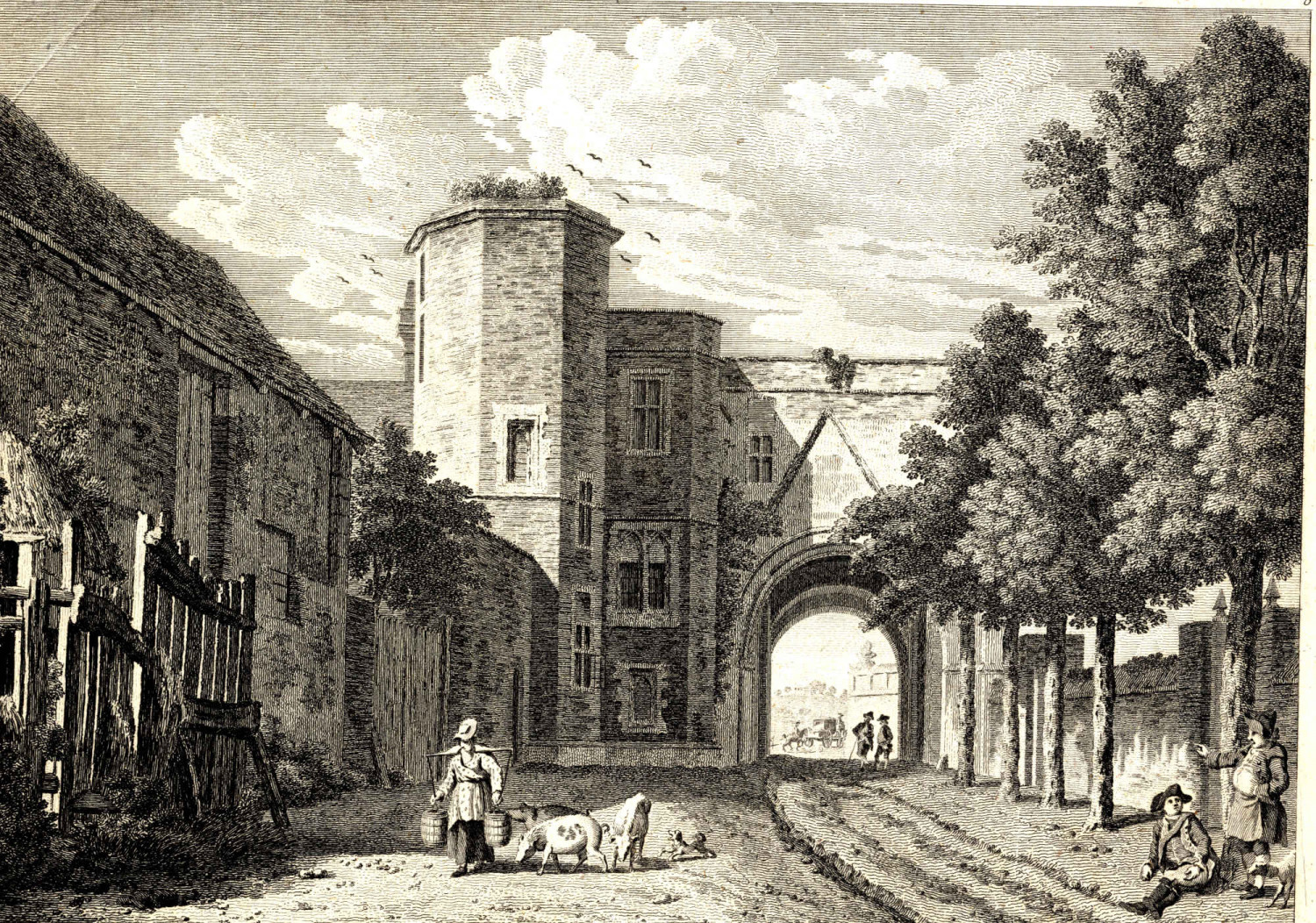 Black and white print of Ready Abbey gate from 1775.