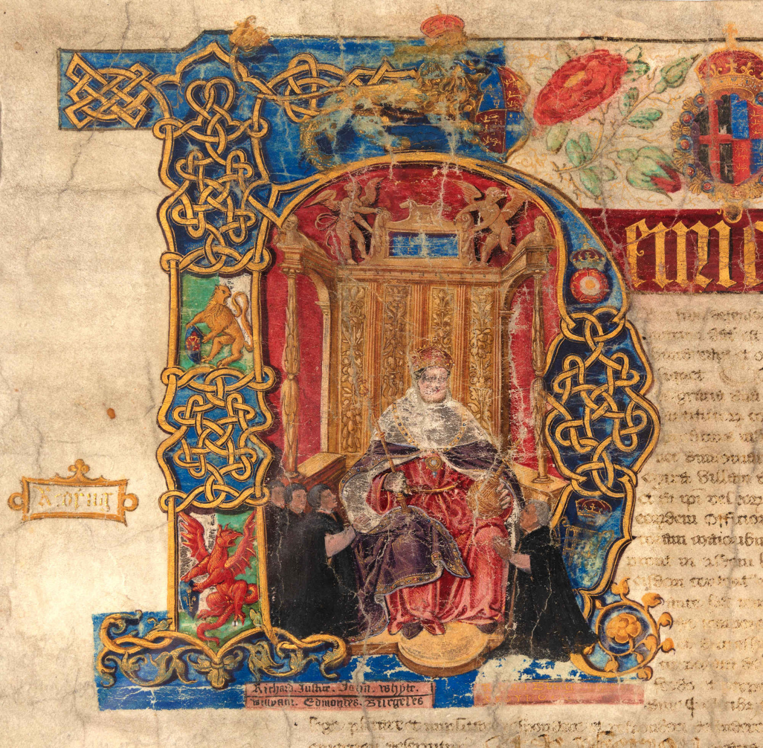 Colourful hand drawn letter H with image of Henry VIII within it from 1542.
